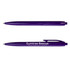 A purple plastic pen with a clip and a logo. It features a sleek design and a retractable tip.