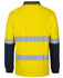 A long-sleeve cotton polo shirt in bright yellow with navy blue sleeves and reflective strips. It has a logo.