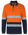 An orange and navy long-sleeve cotton polo shirt with reflective stripes and a chest pocket. Features a branding logo.