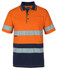 An orange and navy striped polo shirt with reflective detailing and a chest pocket. It features a logo.