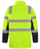 A high-visibility jacket in bright yellow with reflective stripes and black sleeves. Features a branded logo.