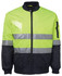 A high-visibility jacket in fluorescent yellow and navy, featuring reflective stripes and a logo.