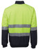 A high-visibility jacket in bright yellow with black sleeves and reflective stripes. It features a logo on the sleeve.
