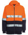 An orange and navy full zip fleece hoodie featuring reflective stripes and a logo on the side.