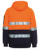 A bright orange and navy full zip hoodie featuring reflective stripes and a hood, with a logo on the sleeve.