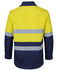 A long-sleeve fishing shirt in bright yellow and navy blue, featuring reflective stripes and a logo.