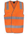 An orange safety vest with reflective silver stripes and a logo. Designed for visibility and safety.