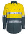 A long-sleeve work shirt in yellow and dark green, featuring silver reflective strips and two chest pockets.