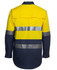 A long-sleeve work shirt in fluorescent yellow and navy, featuring reflective stripes and a partial collar.