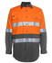 An orange and grey long-sleeve work shirt with reflective stripes and pockets. It features branding on the sleeve.
