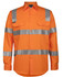 An orange long-sleeve work shirt with silver reflective strips and two front pockets, featuring a logo.