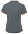 A grey polo shirt with orange piping, featuring a logo on the back. Short sleeves and a classic collar design.