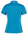 A women's polo shirt in vibrant blue with white piping details and a logo.