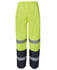 Premium rain pants in bright yellow with reflective grey stripes, featuring an elastic waistband and black lower sections.
