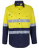 A long-sleeve work shirt in high visibility yellow and navy, featuring reflective tape and a logo on the chest.