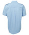 A light blue button-up shirt with a back pleat and a collar, featuring a logo on the chest.