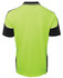 A high-visibility green polo shirt with black contrast piping and a logo. Suitable for workwear.