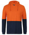 An orange and navy hooded long-sleeve cotton tee with a pocket and a logo.