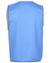 A blue work vest with grey trim and no sleeves. The back view highlights the simple design and material.