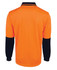An orange long-sleeve polo shirt featuring black accents and a logo on the collar.