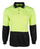 A long-sleeved polo shirt in fluorescent yellow and black, featuring a chest pocket and a collar. It has a logo.