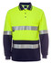 A long-sleeve work polo shirt in fluorescent yellow and navy, featuring reflective stripes and a logo.