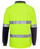 A high-visibility long-sleeve polo in bright yellow, featuring reflective stripes and navy blue sleeves.