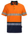 High-visibility polo shirt in orange and navy, featuring reflective segmented tape and a pocket. Brand logo present.