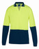 A long-sleeved polo shirt in lime and navy, featuring a collar and contrasting colour blocks. Includes a logo.