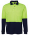 A long-sleeve polo shirt in high visibility lime green and navy blue, featuring a pocket and a logo.