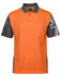An orange and grey polo shirt with a pocket and a logo on the sleeve. Suitable for workwear.