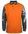 An orange polo shirt with long grey sleeves featuring a design and a chest pocket. It includes a logo.