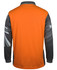 An orange and black long-sleeve polo shirt featuring a design with a logo.