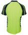 A bright lime green polo shirt with navy blue accents, featuring a logo on the back.