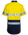 A yellow and navy short-sleeve work shirt featuring reflective stripes and a logo.