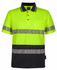 A yellow and black segmented tape polo shirt featuring reflective stripes and a pocket. It has a collar and short sleeves.