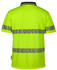 A bright yellow safety polo shirt featuring reflective stripes and a collar, with a logo present.