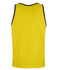 A yellow work singlet with a navy trim at the neck and armholes. Features a logo on the back.