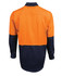 A long-sleeve work shirt featuring high-visibility orange and navy blue colours, with a collar and a logo.
