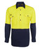 A long-sleeved work shirt in high visibility yellow with navy blue sections and two front pockets.