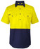 A short-sleeved work shirt in high-visibility yellow and navy, featuring a front pocket and a logo.