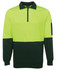 A bright lime green and dark green polar fleece jumper with a half zip and a side pocket, featuring a logo.
