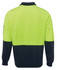 A fleece jumper in bright yellow and navy, featuring a collar and long sleeves, with a logo on the sleeve.