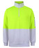 A bright high-visibility yellow and grey polar fleece top featuring a half zip and a sleeve pocket.