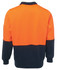 An orange and navy fleece top with long sleeves and a collar. Features a logo on one sleeve.