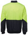 A high-visibility flying jacket in neon yellow and navy blue. Features a logo and ribbed cuffs.
