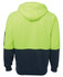 A fleece hoodie featuring a high-visibility yellow upper section and a navy blue lower section, with a logo present.