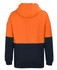 A back view of a two-tone hoodie in bright orange and navy with a hood and a sleeve logo.