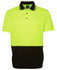 A high-visibility polo shirt in bright yellow with a black lower section and a pocket. It features a collar and a logo.