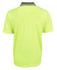 A back view of a bright yellow polo shirt with a contrasting collar and a logo.